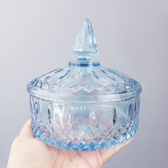 Candy Dish Blue Indiana Glass Co. Round Depression Diamond Princess Ice Pattern - Picture 3 of 8